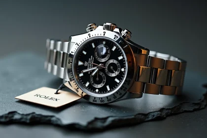 Rolex Daytona posée sur une surface en ardoise avec une étiquette de prix, illustrant les erreurs courantes qui font surpayer cette montre de luxe