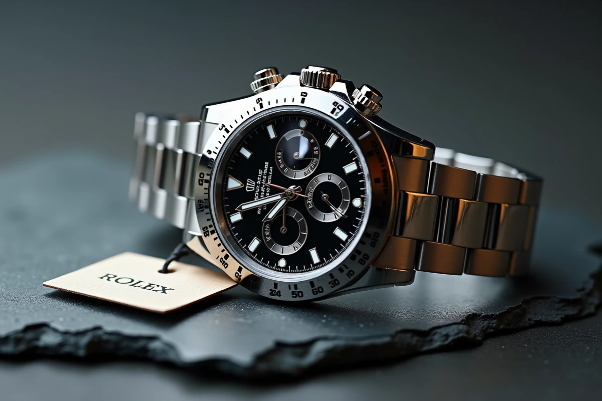 Rolex Daytona posée sur une surface en ardoise avec une étiquette de prix, illustrant les erreurs courantes qui font surpayer cette montre de luxe