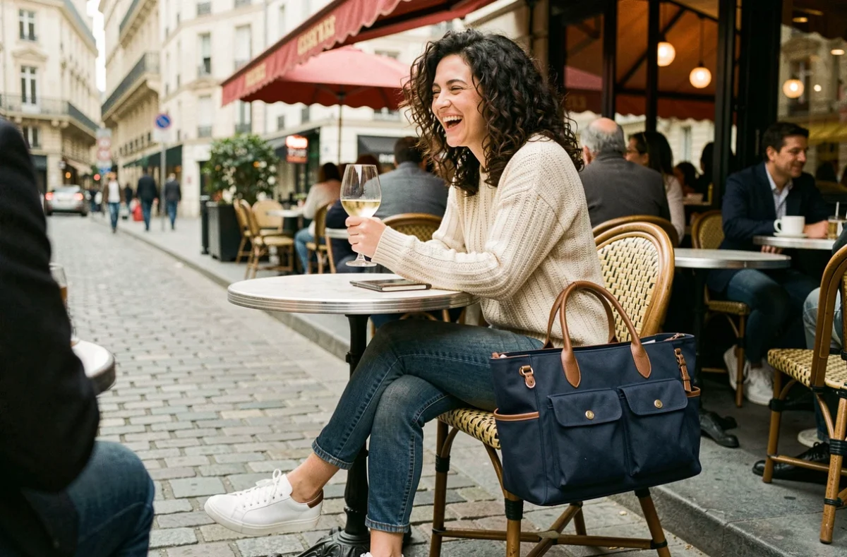 Femme en afterwork à la terrasse d'un café avec un sac cabas bleu marine polyvalent