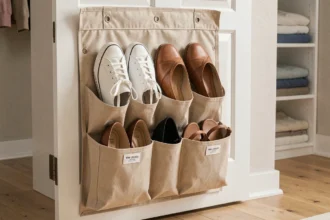 Sac de rangement chaussures en tissu beige accroché à une porte de placard avec plusieurs paires de chaussures bien organisées