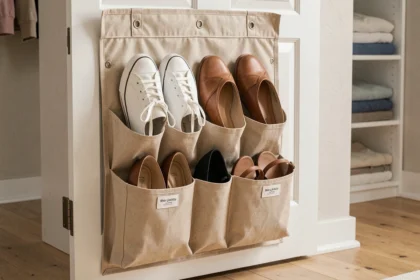 Sac de rangement chaussures en tissu beige accroché à une porte de placard avec plusieurs paires de chaussures bien organisées
