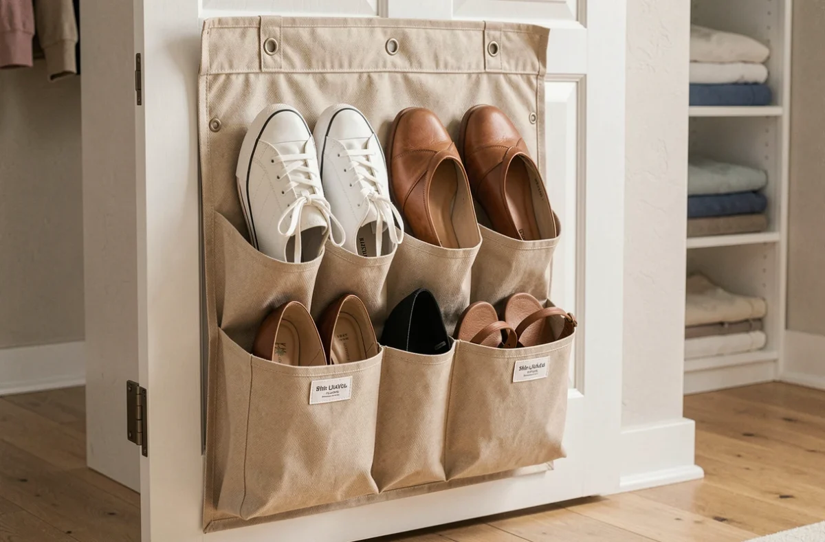 Sac de rangement chaussures en tissu beige accroché à une porte de placard avec plusieurs paires de chaussures bien organisées