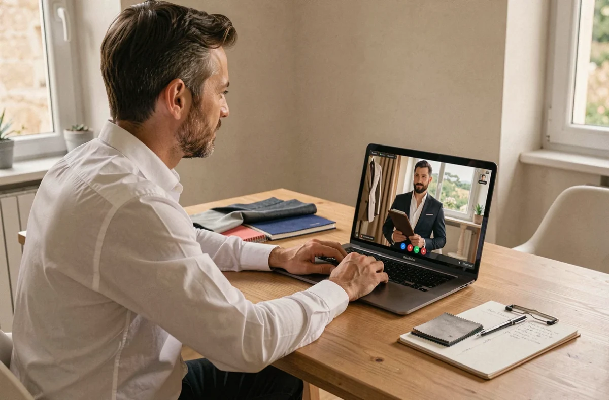 Un homme en consultation de style en ligne avec Sartore Tailoring depuis l'Occitanie