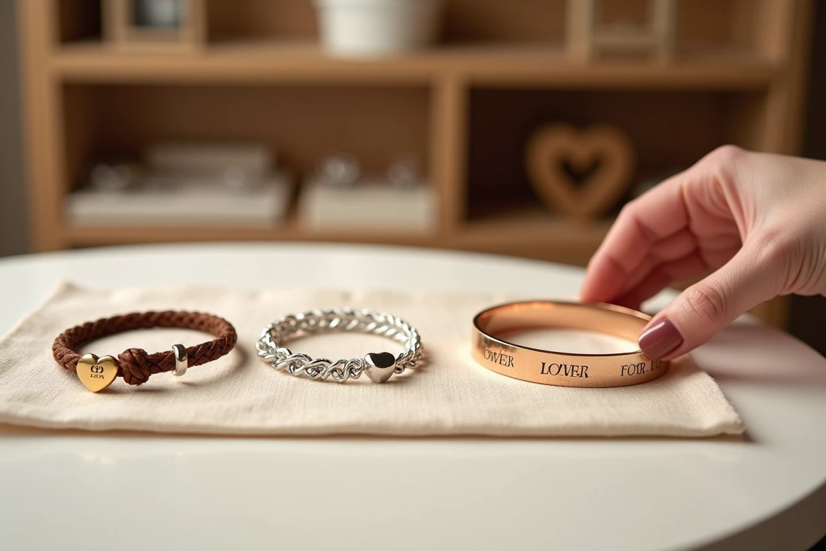 Sélection de bracelets d'amour en cuir, argent et or rose exposés sur un tissu de lin dans une bijouterie