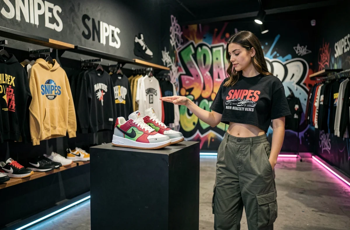 Intérieur du magasin Snipes à Nantes avec sneakers urban et vêtements streetwear en vitrine murale