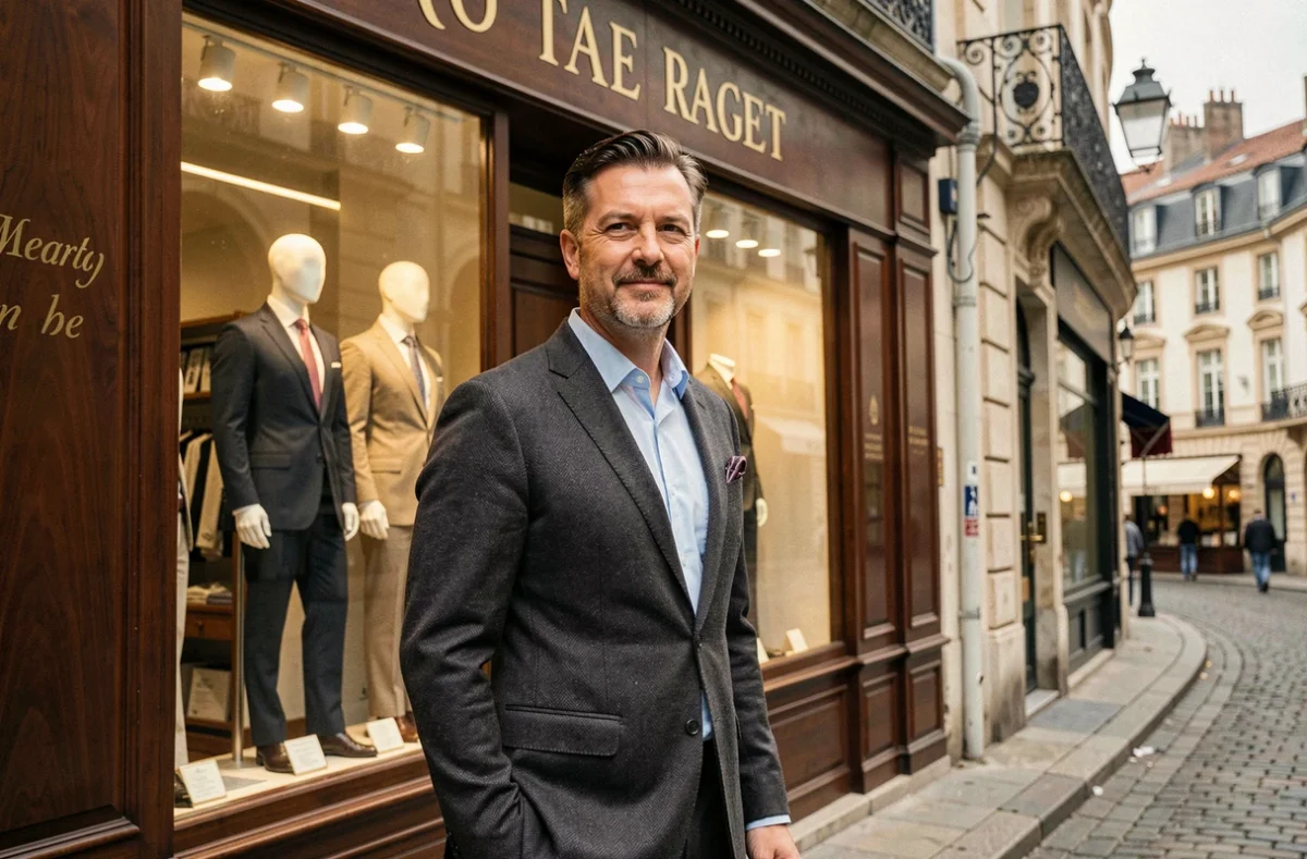 Un homme élégant en costume devant la devanture de la boutique Soulery à Toulouse