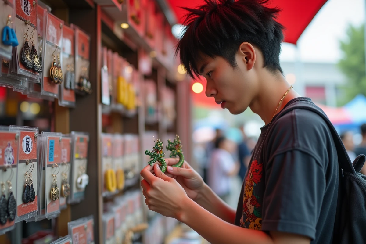 Jeune homme examinant des boucles d'oreilles Dragon Ball à un stand de Japan Expo en plein air