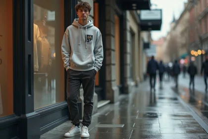 Homme portant un hoodie streetwear premium de marque sur un trottoir urbain mouillé devant une boutique haut de gamme