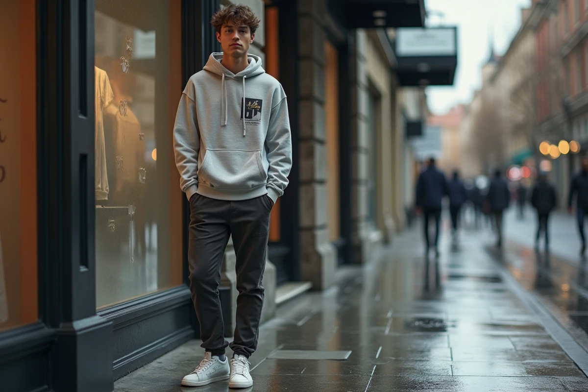Homme portant un hoodie streetwear premium de marque sur un trottoir urbain mouillé devant une boutique haut de gamme