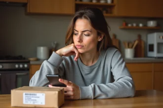 Femme consultant le suivi de colis Shein sur smartphone avec un colis posé sur la table de cuisine