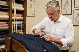 Maître tailleur cousant à la main un pantalon de luxe en atelier de haute couture parisien