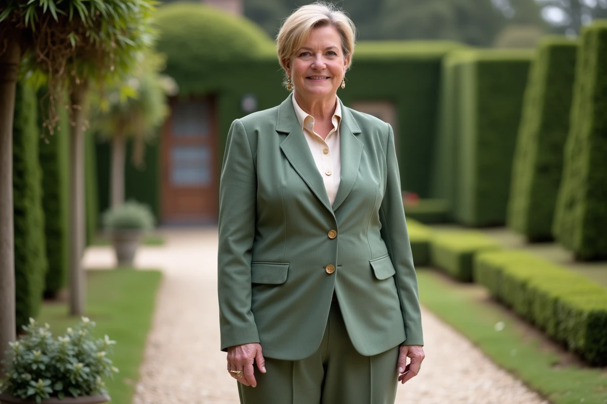 Maman du marié grande taille en tailleur pantalon vert sauge lors d'un mariage en château, look chic et élégant