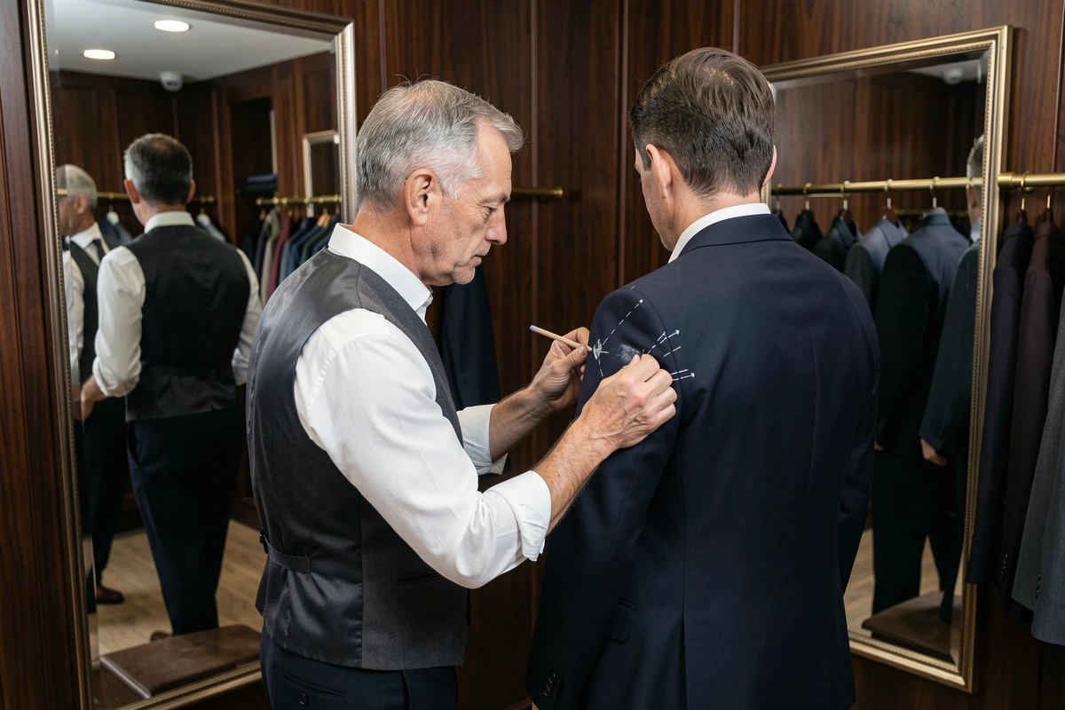 Tailleur professionnel effectuant des retouches sur un costume homme dans une boutique de couture haut de gamme