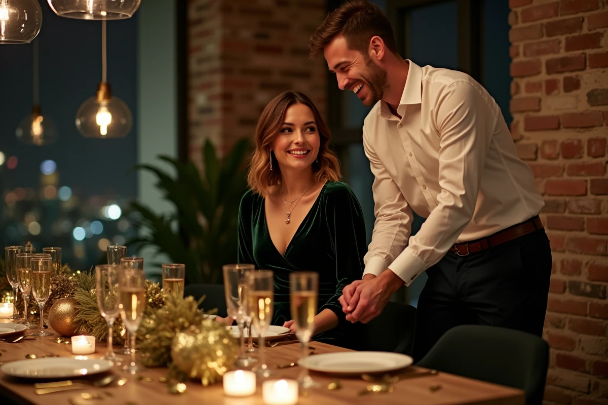 Couple en tenue festive pour réveillon du Nouvel An à la maison, dressant une table décorée avec champagne et confettis dans un appartement moderne