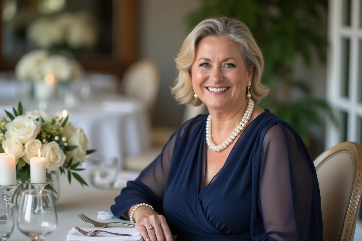 Femme ronde élégante en robe bleu marine à la réception d'un mariage, tenue chic pour maman du marié