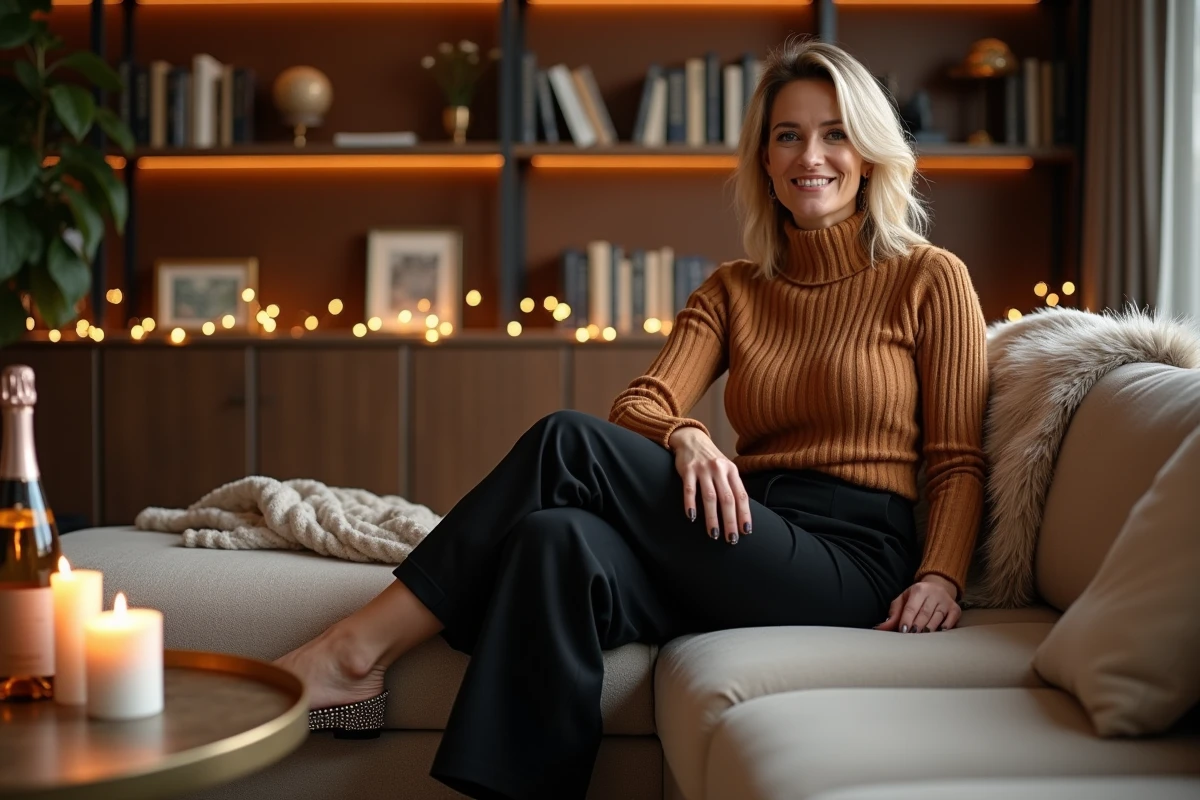 Femme élégante en pull col roulé camel et pantalon noir pour réveillon du Nouvel An à la maison, assise sur un canapé cosy dans un intérieur raffiné