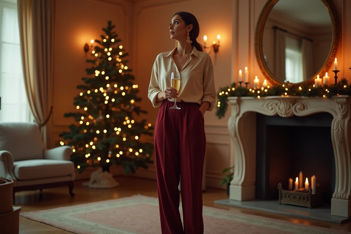 Femme en tenue élégante décontractée pour réveillon du Nouvel An à la maison, blouse satinée champagne et pantalon bordeaux large
