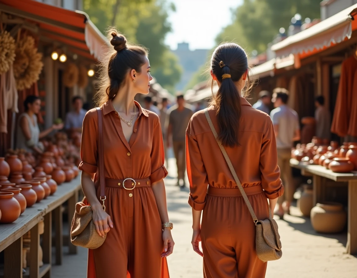Deux femmes au marché en tenues terracotta coordonnées, robes et pantalons aux tons argile et rouille assortis aux céramiques et décorations du marché