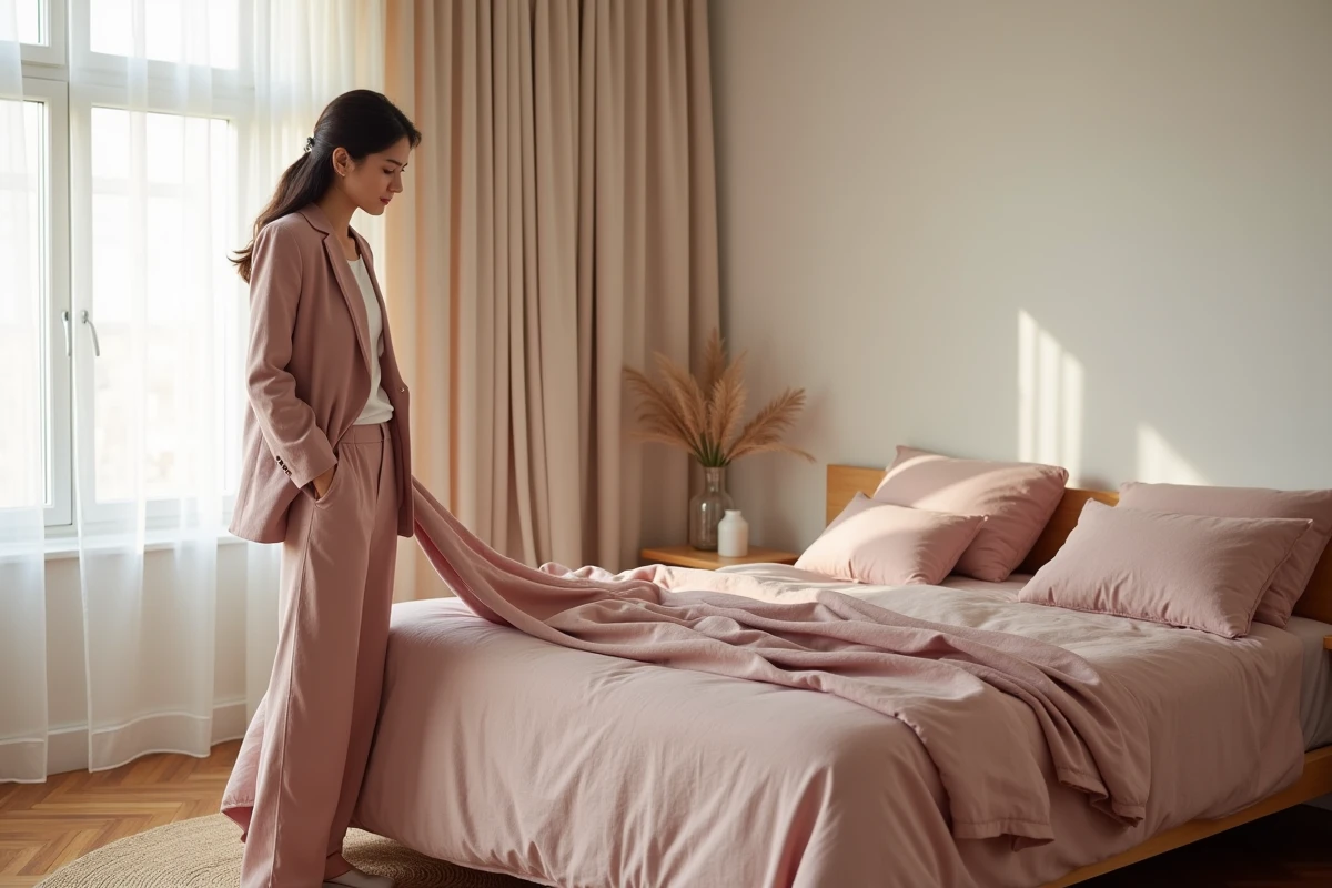 Femme portant un blazer en lin rose poudré assorti aux textiles de chambre Tess Goods, illustrant la cohérence entre mode et décoration intérieure