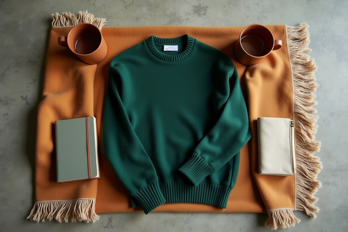 Flatlay éditorial mêlant vêtements et objets de décoration Tess Goods sur béton, illustrant l'univers cohérent de la marque entre mode et maison