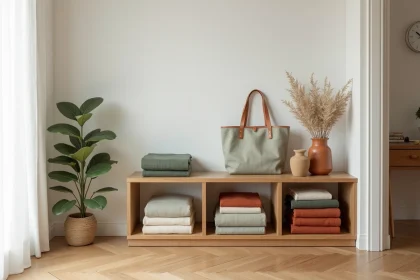 Étagère en chêne avec textiles coordonnés maison et accessoires de mode Tess Goods en lin sage et terracotta dans un intérieur scandinave épuré