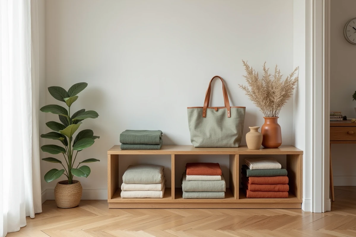 Étagère en chêne avec textiles coordonnés maison et accessoires de mode Tess Goods en lin sage et terracotta dans un intérieur scandinave épuré