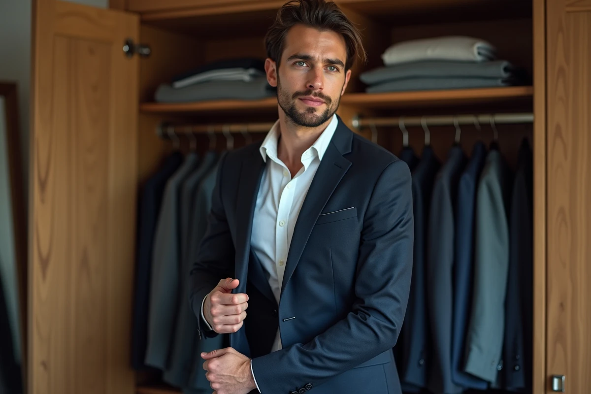 Homme inspectant la qualité d'un blazer reçu via Thebradery avant de le ranger dans son dressing