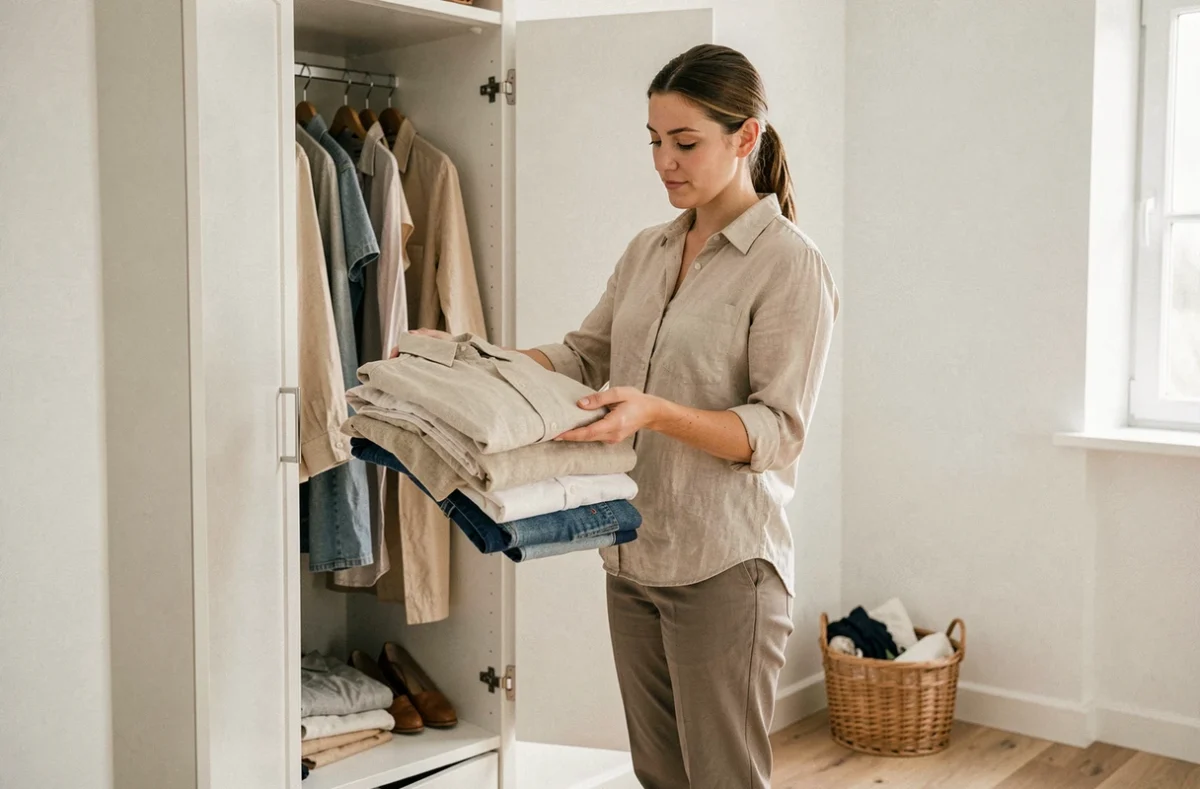 Femme qui trie et plie ses vêtements devant une armoire ouverte dans une chambre minimaliste pour adopter un dressing capsule seconde main