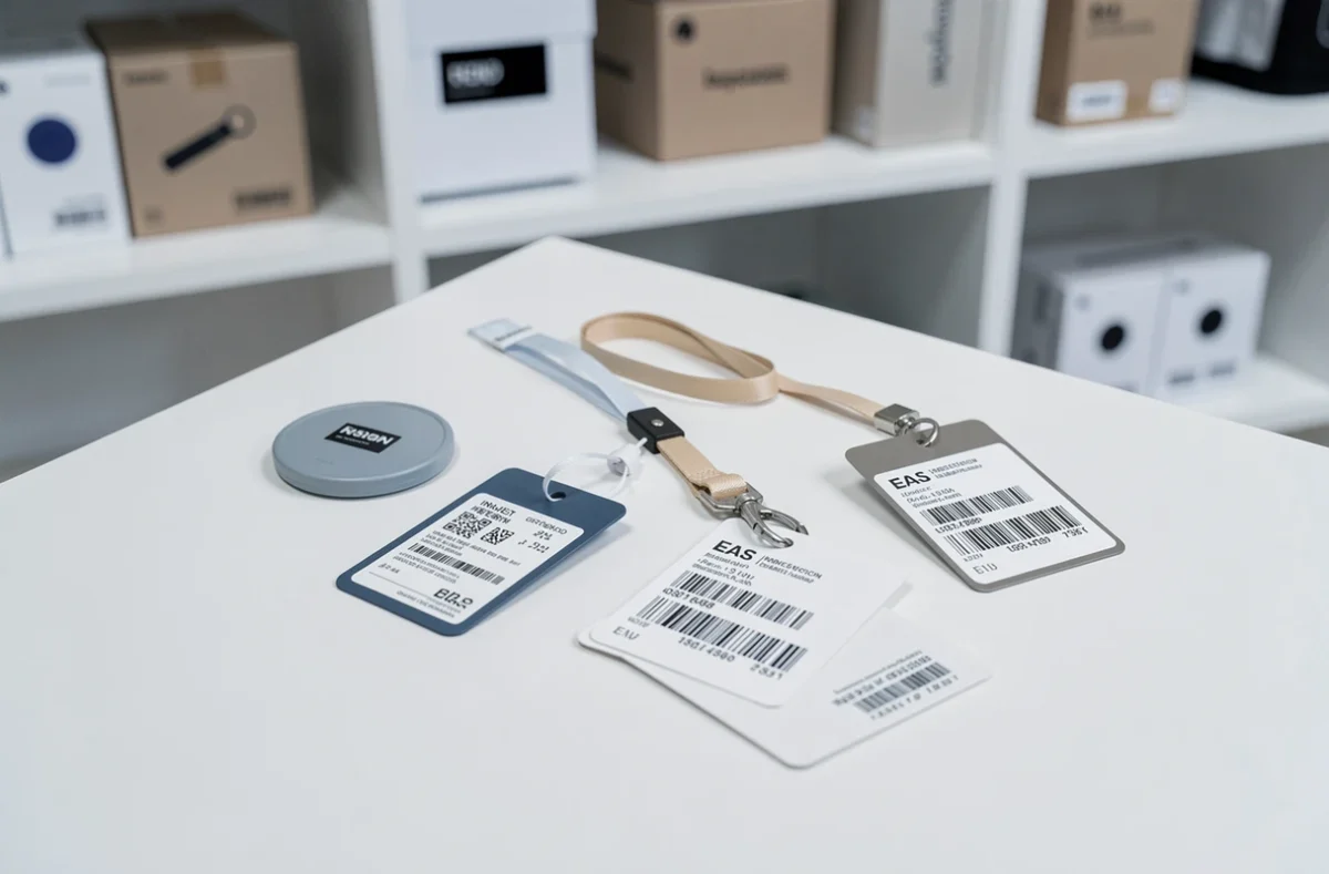 Collection d'antivols pour vêtements : étiquettes dures, à encre et labels EAS sur surface blanche