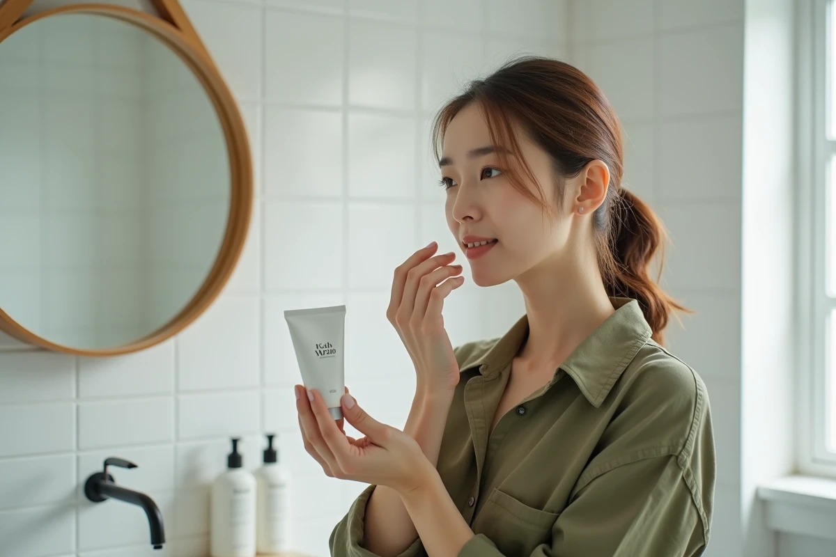 Femme appliquant un soin visage de la marque Yepoda dans une salle de bain minimaliste, illustrant l'utilisation de produits achetés avec un code promo