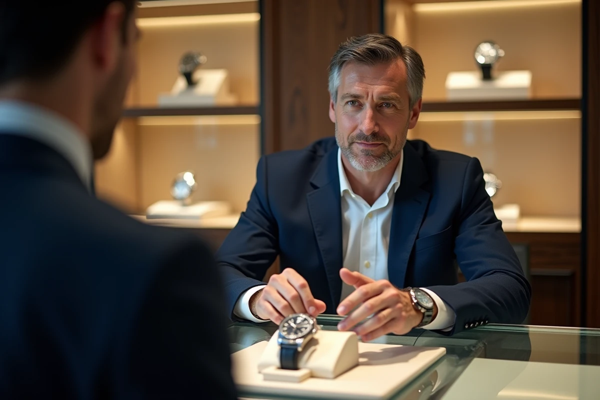 Vendeur en boutique de montres de luxe présentant une Rolex Daytona sur coussin blanc, scène illustrant la négociation et les erreurs d'achat